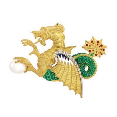 Lot 162 - Two-Color Gold, Enamel, Cultured Pearl and Diamond Sea Dragon Pendant-Brooch