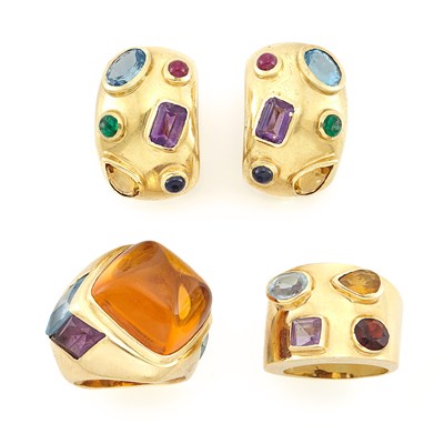Lot 1520 - Two Gold and Multicolored Stone Rings and Pair of Earclips