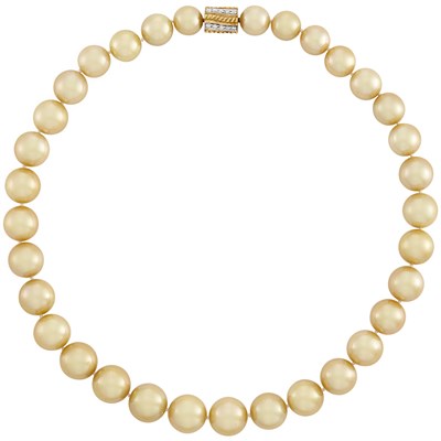 Lot 260 - Golden Cultured Pearl Necklace with Gold and Diamond Clasp