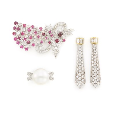 Lot 1452 - White Gold, South Sea Cultured Pearl and Diamond Ring, Diamond and Ruby Flower Brooch and Pair of Two-Color Gold and Diamond Pendant-Earrings
