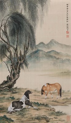 Lot 218 - Ma Jin Hanging scroll Two horses in a...