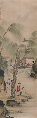 Lot 219 - Liu Si Han Hanging scroll Ladies in a pavilion...