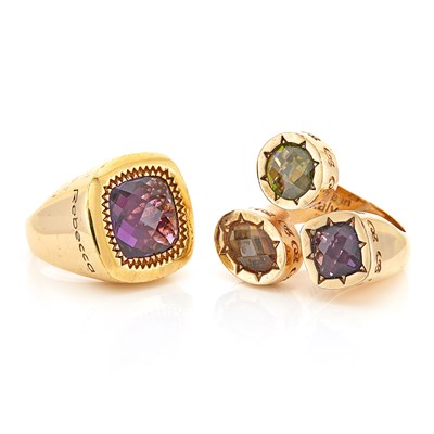 Lot 1485 - Two Gold Multicolored Stone Rings, Rebecca