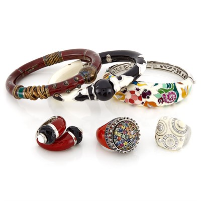 Lot 1519 - Three Silver, Enamel and Simulated and Gem-Set Rings and Three Bangle Bracelets