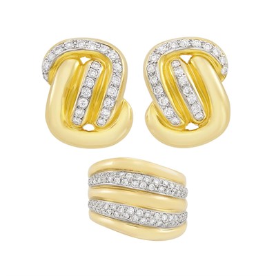 Lot 244 - Pair of Gold and Diamond Earclips and Ring