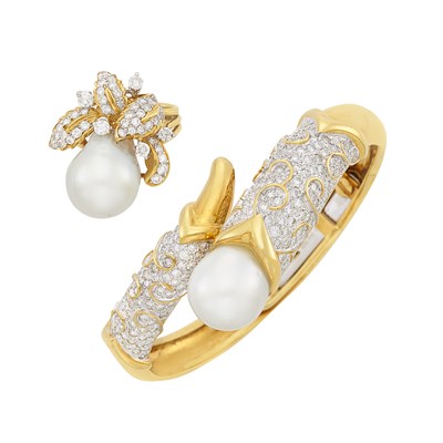 Lot 270 - Gold, South Sea Cultured Pearl and Diamond Crossover Bangle Bracelet and Ring