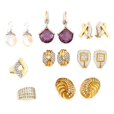 Lot 1509 - Six Pairs of Yellow and White Gold, Diamond, Freshwater Pearl and Amethyst Earrings and Two Rings