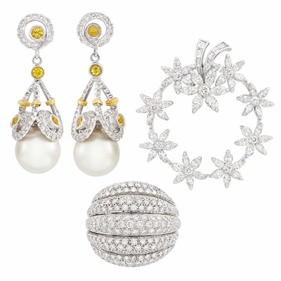 Lot 1277 - Five Row White Gold and Diamond Bombé Ring, Platinum and Diamond Flower Wreath Brooch and Pair of White Gold, Golden Cultured Pearl, Yellow Sapphire and Diamond Pendant-Earrings