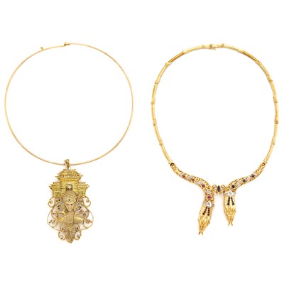 Lot 1389 - Two Gold, Diamond and Colored Stone Necklaces