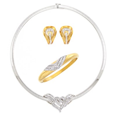 Lot 1291 - Gold and Diamond Bangle Bracelet and Pair of Earclips and White Gold Diamond Pendant with Omega Necklace