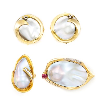 Lot 1493 - Pair of Gold, Mabé Pearl and Diamond Earclips, Ring, and Brooch
