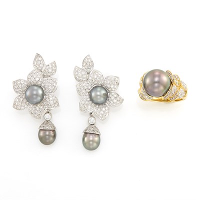 Lot 1166 - Pair of White Gold, Diamond and Black Tahitian Pearl Pendant-Earrings and Ring