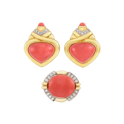 Lot 392 - Gold, Coral and Diamond Ring and Pair of Earrings