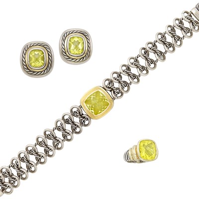 Lot 205 - Sterling Silver, Gold and Lemon Quartz Bracelet, Ring and Pair of Earrings, David Yurman