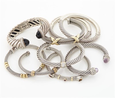 Lot 1630 - Nine Silver and Gold, Diamond and Multicolored Stone Bangles, David Yurman