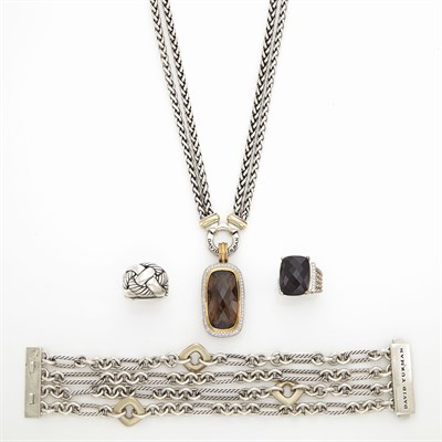 Lot 1694 - Silver, Gold, Smoky Quartz and Diamond Pendant-Necklace, Four Strand Bracelet and Two Rings, David Yurman