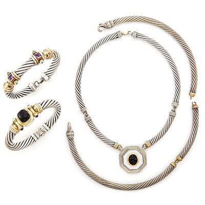 Lot 1614 - Silver and Gold Necklace and Two Gem-Set Bracelets, David Yurman, and Silver, Black Onyx and Mother-of-Pearl Pendant-Necklace