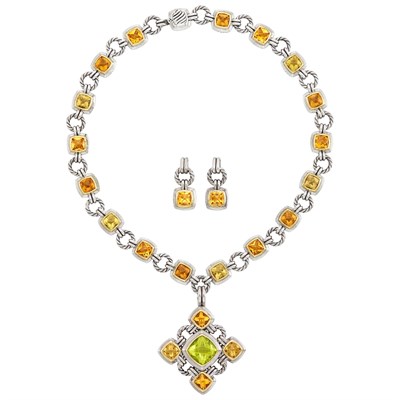 Lot 201 - Sterling Silver, Gold, Citrine and Green Quartz Pendant-Necklace and Pair of Pendant-Earrings, David Yurman