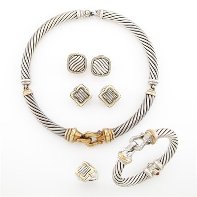 Lot 1627 - Group of Sterling Silver and Gold Necklace, Bracelet, Ring and Two Pairs of Earrings, David Yurman