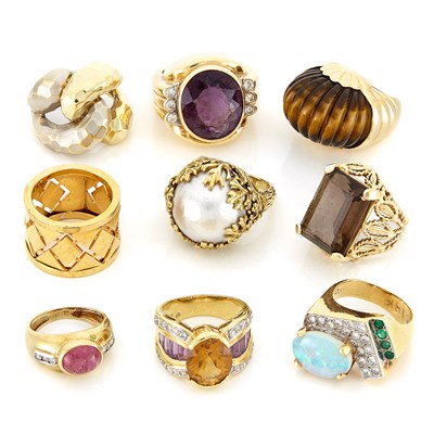 Lot 1471 - Nine Gold, Colored Stone, Hardstone and Diamond Rings