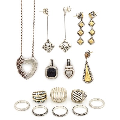 Lot 1609 - Group of Silver and Gold Pairs of Earrings, Rings, and Pendants, John Hardy and David Yurman