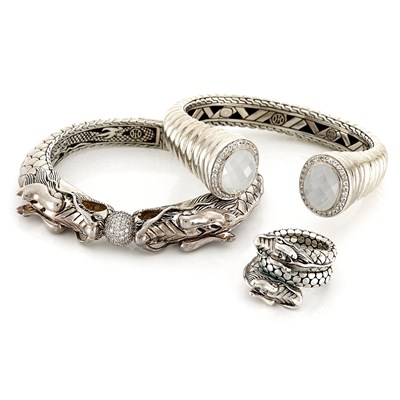 Lot 1610 - Two Silver, Diamond and Simulated Diamond Bangle Bracelets and Ring, John Hardy