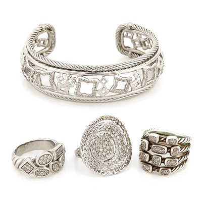 Lot 1611 - Silver and Diamond Cuff Bracelet and Ring, David Yurman, Ring, John Hardy, and Ring