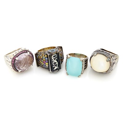 Lot 1608 - Two Silver and Gem-Set Rings, John Hardy, Silver, Hardstone and Diamond Ring, David Yurman, and Colored Stone Ring