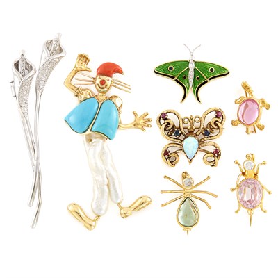 Lot 1705 - Seven Gold, Diamond, Simulated Diamond Gem-Set and Enamel Brooches