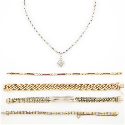Lot 1631 - Group of Gold, Gold-Filled, Diamond and Simulated Diamond Bracelets and Pendant-Necklace