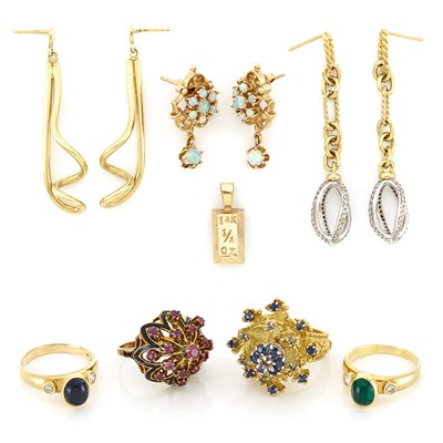 Lot 1470 - Four Gold, Diamond and Gem-Set Rings, Pendant, and Three Pairs of Pendant Earrings