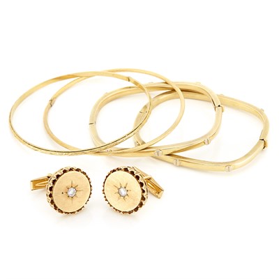 Lot 1557 - Four Gold Bangle Bracelets and Pair Gold and Diamond Cufflinks