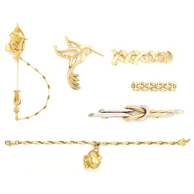 Lot 1521 - Two-Color Gold Knot Brooch, Four Pins and Charm Bracelet