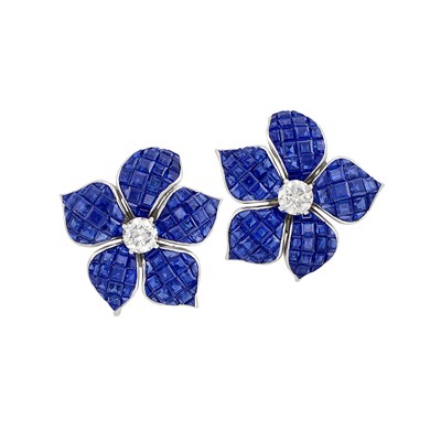 Lot 323 - Pair of Platinum, Diamond and Invisibly-Set Sapphire Flower Earclips, France