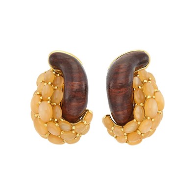 Lot 479 - Pair of Gold, Peach Moonstone and Wood 'Half-Link' Earclips, Seaman Schepps