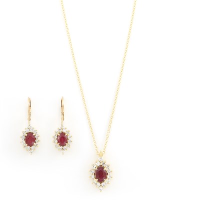 Lot 1284 - Pair of Gold, Ruby and Diamond Earrings and Pendant with Chain Necklace, Thomas Cooper