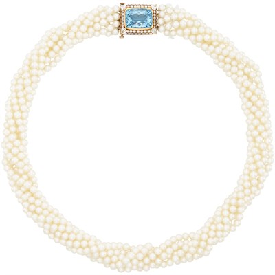 Lot 335 - Seven Strand Cultured Pearl Torsade Necklace with Gold, Aquamarine and Diamond Clasp
