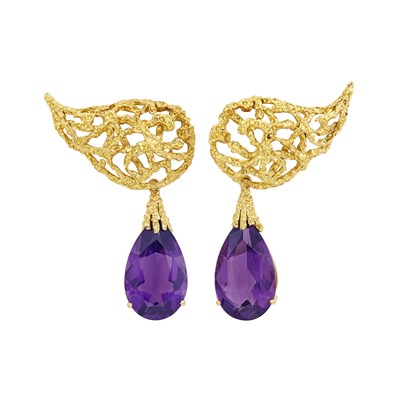 Lot 578 - Pair of Nugget Gold and Amethyst Pendant-Earrings