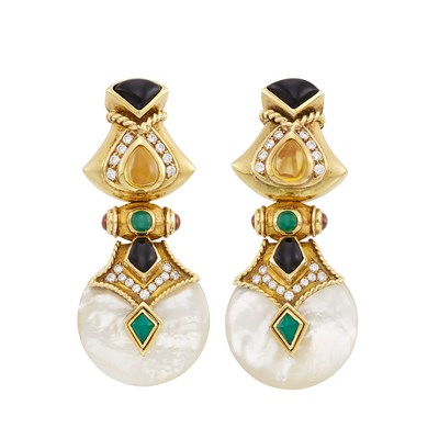 Lot 44 - Pair of Gold, Mother-of-Pearl, Cabochon Colored Stone, Diamond and Black Onyx Pendant-Earclips