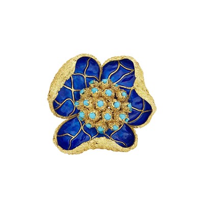 Lot 555 - Nugget Gold, Blue Enamel and Turquoise Flower Clip-Brooch