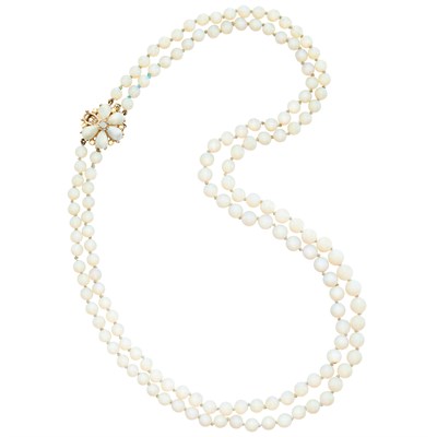 Lot 453 - Double Strand Opal Bead Necklace with Gold and Opal Flower Clasp