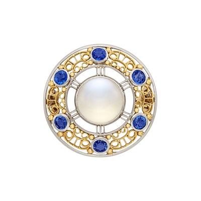 Lot 109 - Arts and Crafts Gold, Platinum, Moonstone and Sapphire Pin, by Louis Comfort Tiffany for Tiffany & Co.