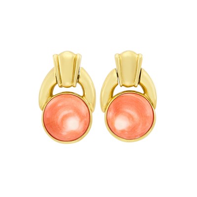 Lot 483 - Pair of Gold and Coral Doorknocker Pendant-Earclips, David Webb