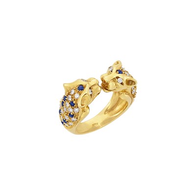 Lot 517 - Gold, Diamond and Sapphire Double Panther Head Ring