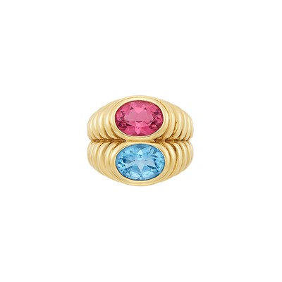 Lot 583 - Gold, Pink Tourmaline and Blue Topaz Ring, Bulgari