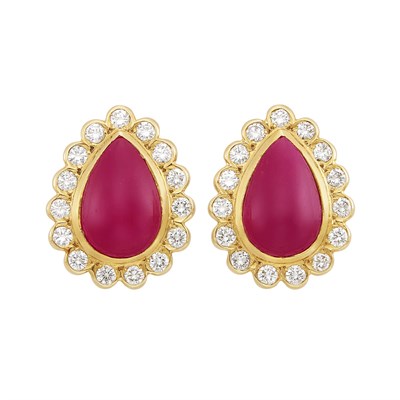 Lot 509 - Pair of Gold, Cabochon Ruby and Diamond Earrings