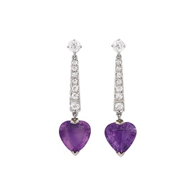 Lot 1158 - Pair of Low Karat amd White Gold, Amethyst and Diamond Pendant-Earrings