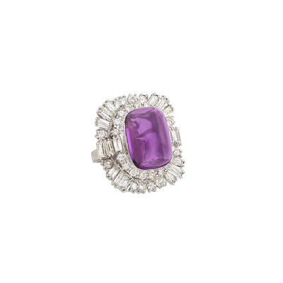 Lot 1121 - White Gold, Cabochon Amethyst and Diamond Ring