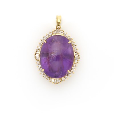 Lot 1204 - Gold, Cabochon Amethyst and Diamond Pendant