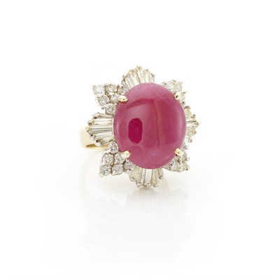 Lot 1164 - Gold, Cabochon Ruby and Diamond Ring